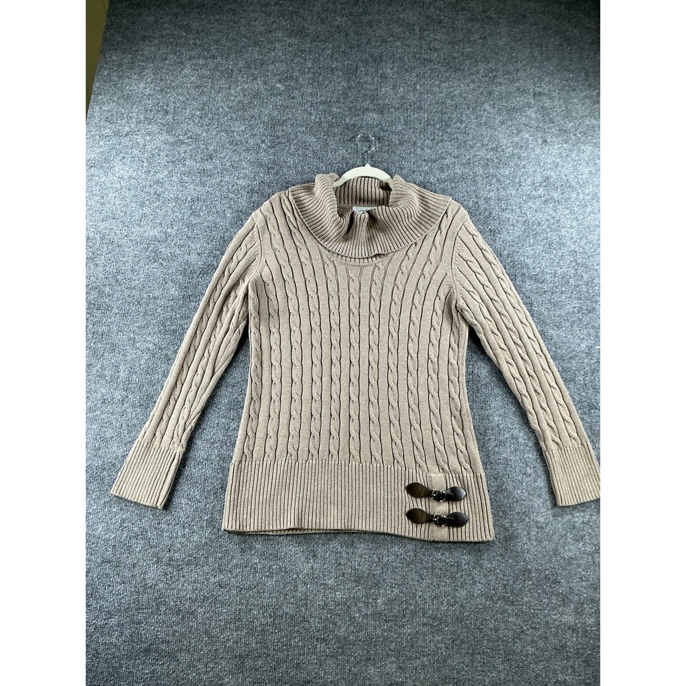 Calvin Klein Womens Tan Cable Knit Cowl Neck Toggle Sweater Large M6XS6111